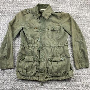 Billabong Shirt Women Small S Green Khaki Buttons Full Zip Light Jacket Cargo